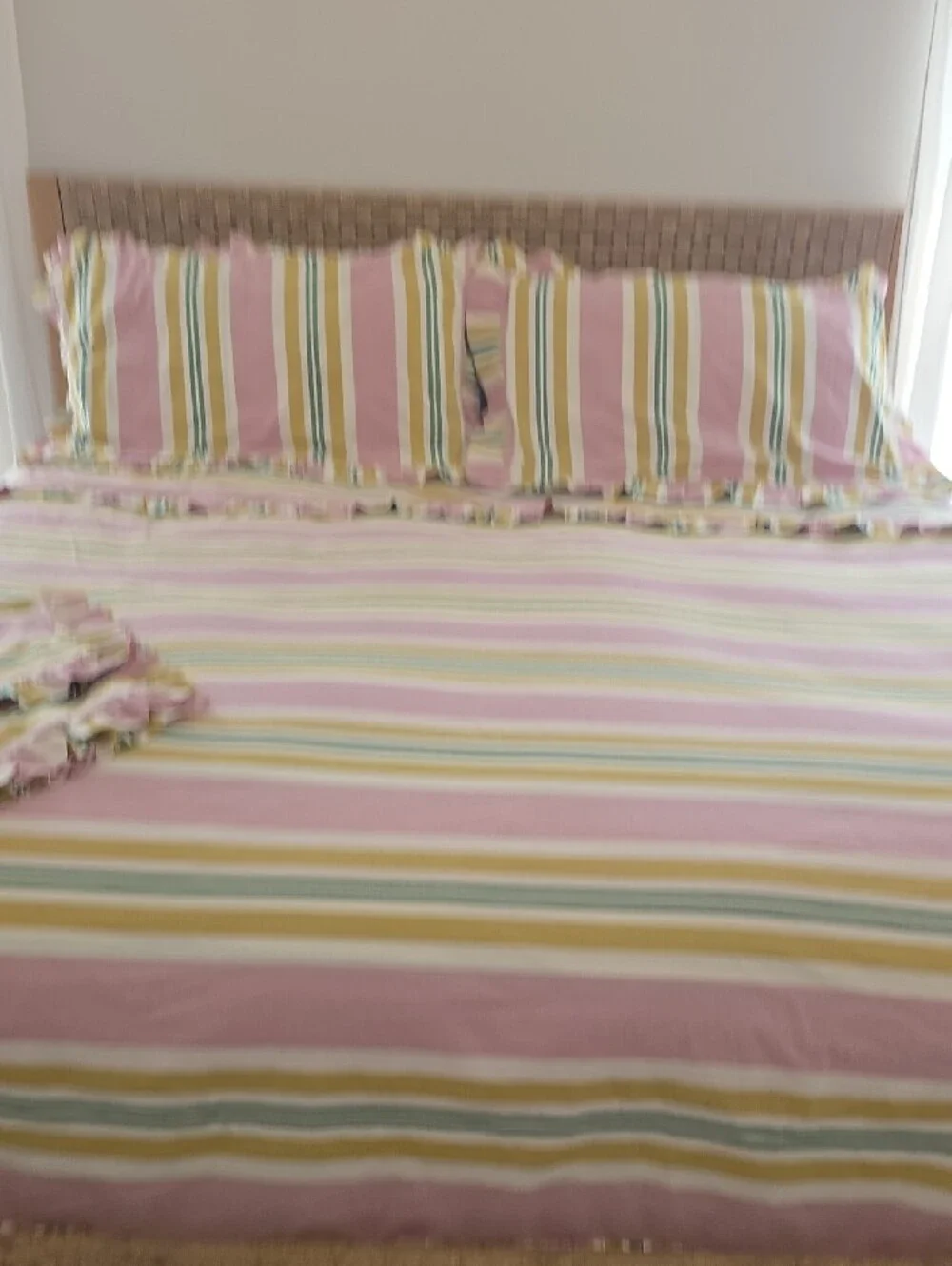 Anthropologie King stripe Ruffle Duvet Cover & Shams in Pink, Green & Mustard